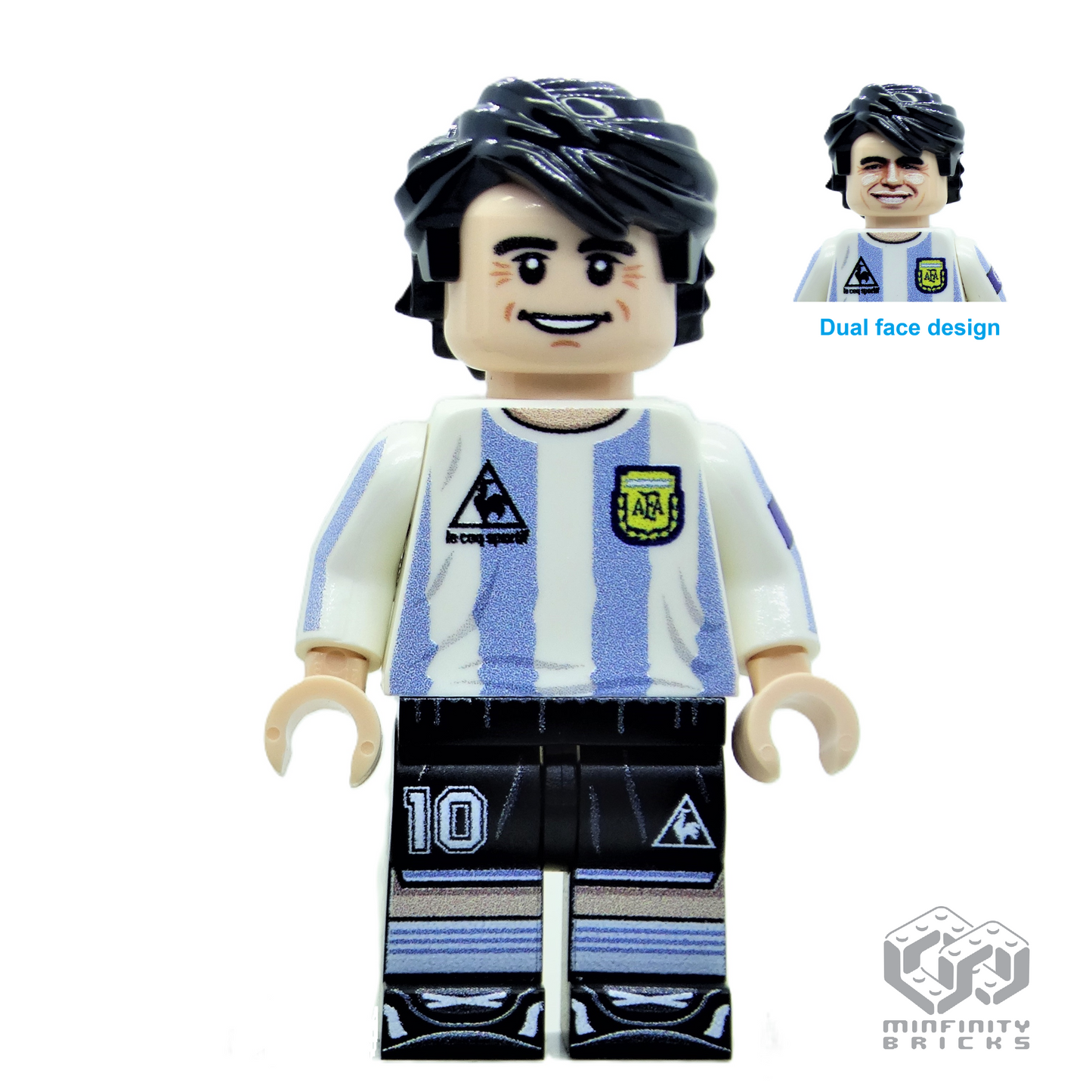 Diego Maradona custom minifigure in Argentina’s 1986 kit, with number 10 shorts and an inset showing the alternate face. 